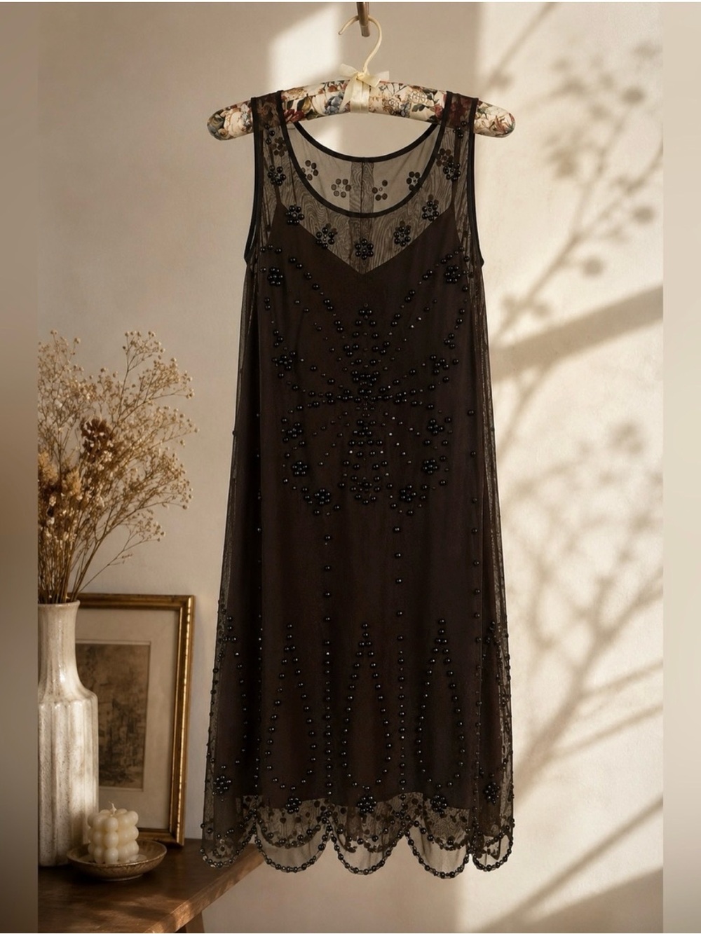 OOAK Handmade 1920s Beaded Flapper Dress + Silk Slip S